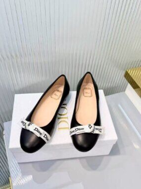 Dior Black Leather Ballet Flats with Logo Ribbon, Size EU 38 (US 7.5)